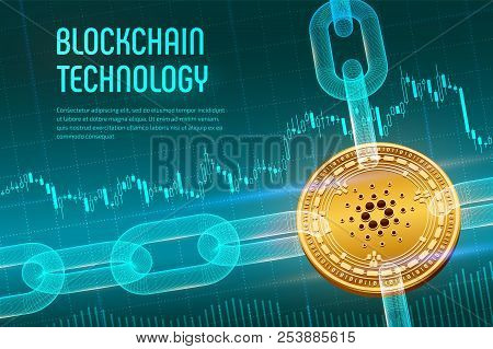 Cardano. Crypto Currency. Block Chain. 3d Isometric Physical Golden Cardano Coin With Wireframe Chai