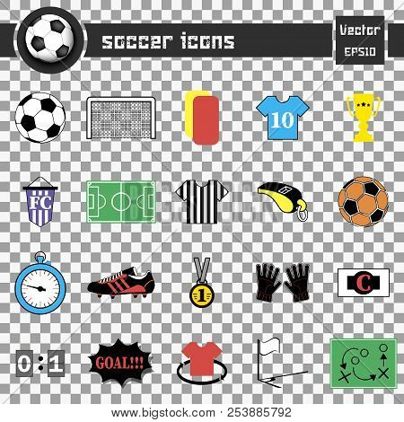 Soccer Icons On Transparent Background. Football Icons Set. Vector Illustration