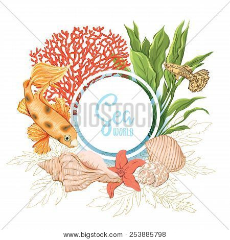Sea Card With Gold Fish, Corals And Shells. Good For Greeting Card, Invitation. Template With Place 