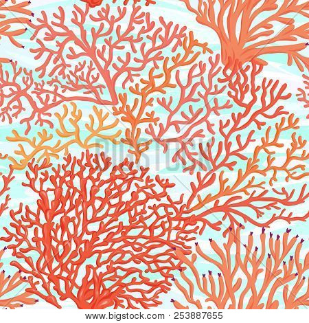 Sea World Seamless Pattern, Background With Fish, Corals And Shells On Blue Sea Background. Stock Ve
