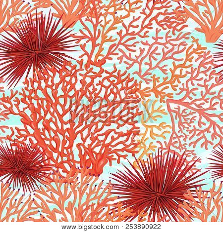 Sea World Seamless Pattern, Background With Fish, Corals And Shells On Blue Sea Background. Stock Ve
