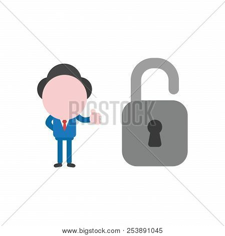 Vector Illustration Of Businessman Character Showing Thumbs Up With Open Grey Padlock Icon.