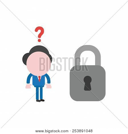 Vector Illustration Of Businessman Character Confused With Question Mark And Looking To Grey Closed 
