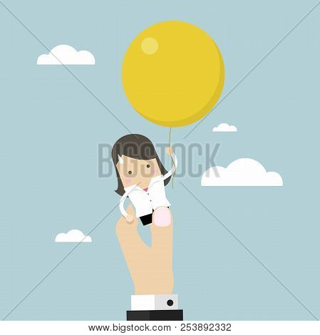 Businesswoman Flying Away With Balloon But Being Hindered By Businessman Large Hands. Vector