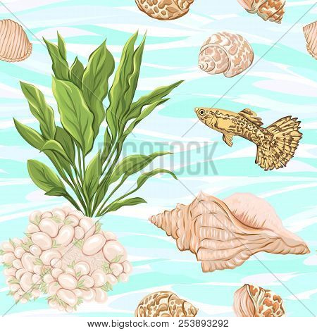 Sea World Seamless Pattern, Background With Fish, Corals And Shells On Blue Sea Background. Stock Ve