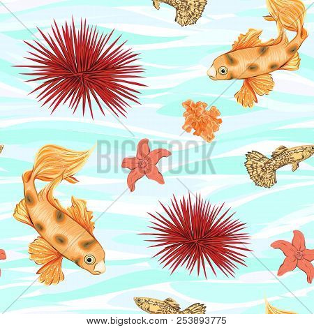 Sea World Seamless Pattern, Background With Fish, Corals And Shells On Blue Sea Background. Stock Ve