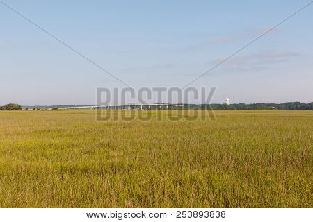 Field Of Green Dune Grass Along With North Carolina Coastline, With A Bridge In The Background