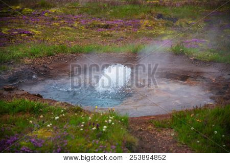 Strokkur Small Geysir Eruption At The Geysir Geothermal Park On The Golden Circle In ,iceland.