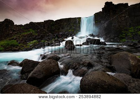 Oxararfoss Waterfall In Thingvellir National Park ,iceland.