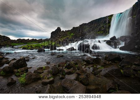 Oxararfoss Waterfall In Thingvellir National Park ,iceland.