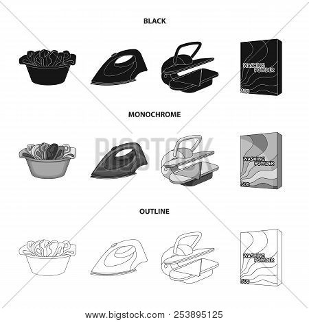 A Bowl With Laundry, Iron, Ironing Press, Washing Powder. Dry Cleaning Set Collection Icons In Black