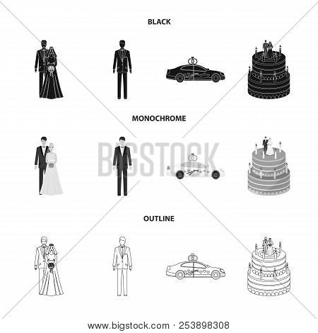 Wedding And Attributes Cartoon , Flat, Outline, Black Icons In Set Collection For Design.newlyweds A