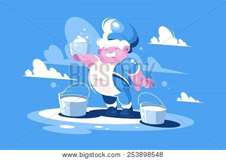Cheerful Milkman With Bucket Of Cream And