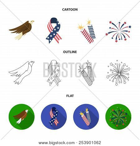 American Eagle, Ribbon, Salute. The Patriot Day Set Collection Icons In Cartoon, Outline, Flat Style