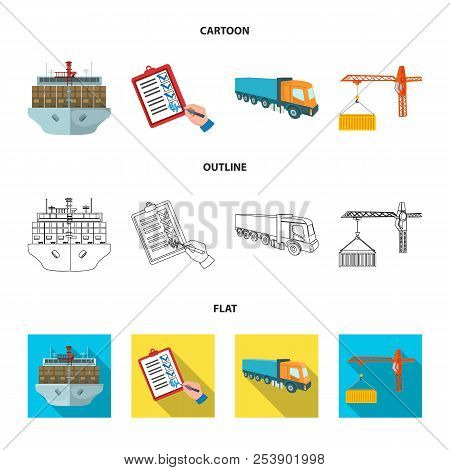 Sea Freight, Signature Of Delivery Documents, Truck, Tower Crane With A Container. Logistics And Del