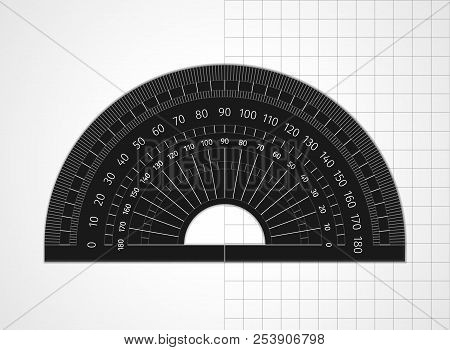 School Supplies. Measuring Tool. Black Plastic Protractor On White And Sheet In A Cell. Drawing Devi