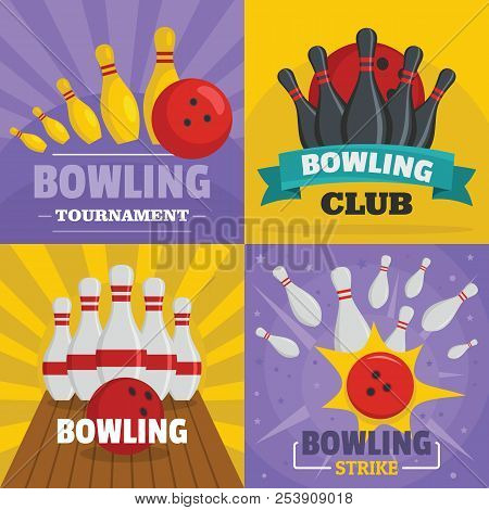 Bowling Kegling Banner Concept Set. Flat Illustration Of 4 Bowling Kegling Banner Horizontal Concept