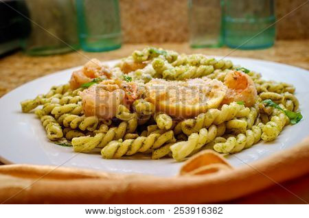 Breaded Shrimp With Gemelli Twin Tube Pasta In Homemade Pesto Sauce