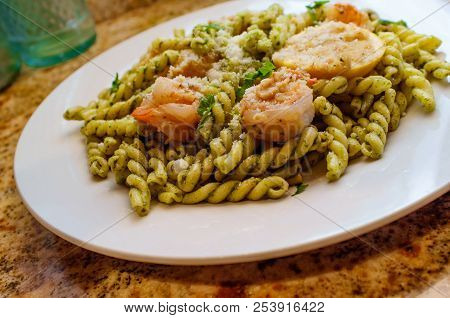 Breaded Shrimp With Gemelli Twin Tube Pasta In Homemade Pesto Sauce