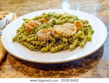 Breaded Shrimp With Gemelli Twin Tube Pasta In Homemade Pesto Sauce