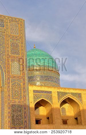 Close-up On Mir-i Arab Madrasa At Sunset In Bukhara, Uzbekistan