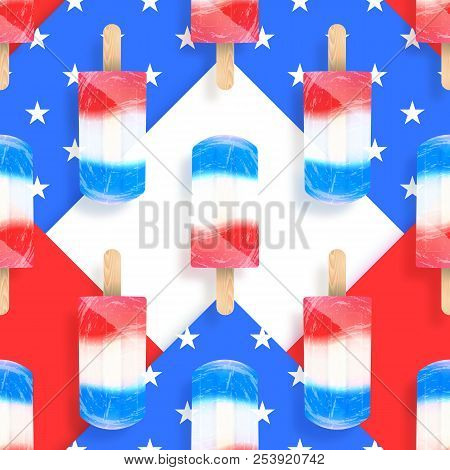 Ice Cream Popsicles America Flag Colors Seamless Pattern. Vector Stock Illustration