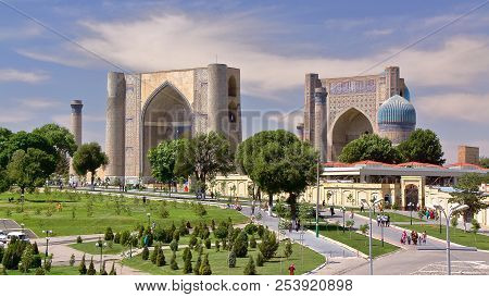 General View Of An Esplanade With The Registan And Bibi Khanum Mosque In Samarkand, Uzbekistan
