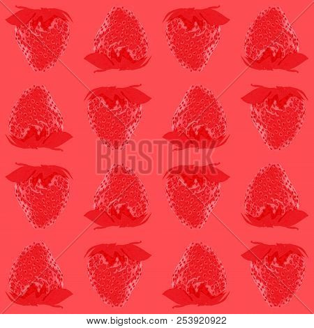 Strawberry Seamless Pattern Whole Berries, Top View Red Tone Background. Vector Stock Illustration