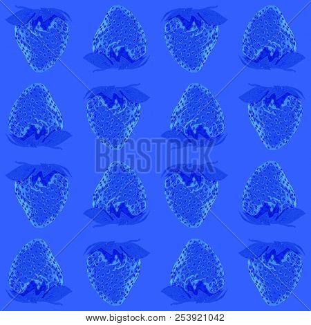 Strawberry Seamless Pattern Whole Berries, Top View Blue Tone Background. Vector Stock Illustration