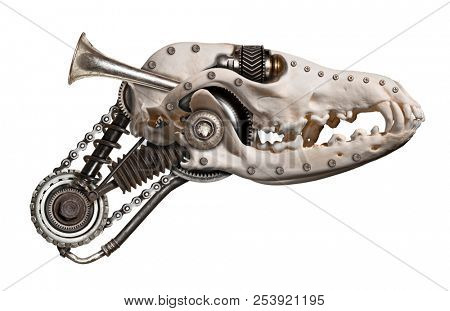 Steampunk style skull of a red fox (Vulpes vulpes). Mechanical animal photo compilation