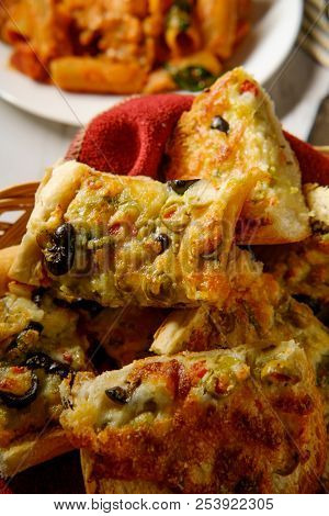 Italian Appetizer Black And Green Olive Cheesy Garlic Bread