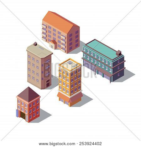 Vector Isometric Set Of Modern Buildings, High Towers With Business Offices, Residential Multistorey