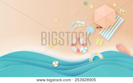 Paper Art And Craft Style Of Top View  Travel Summer Season Beach With Pastel Colortone Background,v