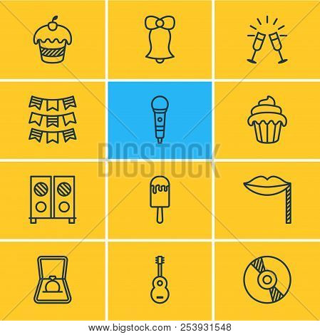 Vector Illustration Of 12 Party Icons Line Style. Editable Set Of Wedding Ring, Bell, Wineglasses An