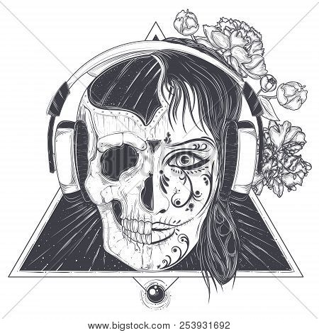Woman In Headphones With Half Face Skull Illustration Isolated On White Background. Mystic And Scary