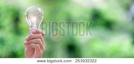 Hand Holding Light Bulb With Green Background. New Idea, Creative, Genius, Innovation And Solar Ener
