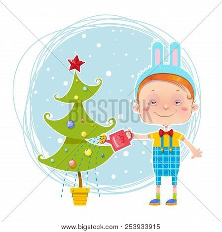 Little Boy Is Watering A Christmas Tree