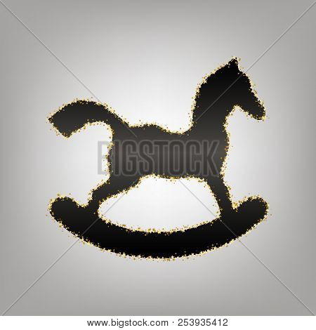 Horse Toy Sign. Vector. Blackish Icon With Golden Stars At Grayi