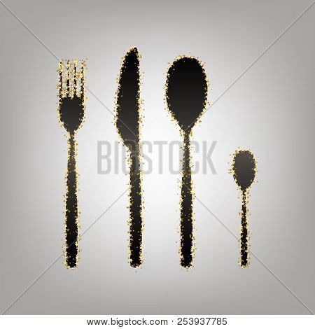 Fork Spoon And Knife Sign. Vector. Blackish Icon With Golden Sta