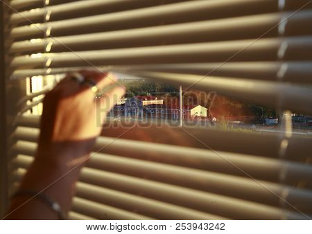 The Woman's Hand Raises The Rail Of The Horizontal Blinds. An Old Building Is Visible Through The Wi