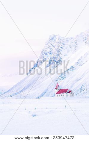 Snowy Landscape In Snaefellsnes Peninsula, Iceland. 
A Red Barn Covered By Snow After One Day Snowfa