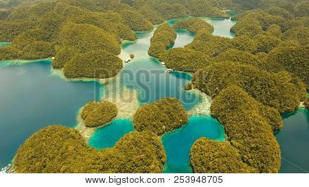 Aerial View: Bucas Grande Island, Sohoton Cove. Philippines. Tropical Sea Bay And Lagoon, Beach. Tro