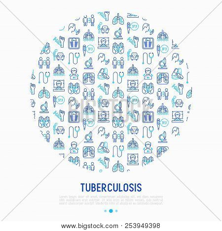 Tuberculosis Concept In Circle With Thin Line Icons: Infection In Lungs, X-ray Image, Dry Cough, Pai