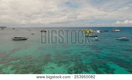Summer Sport, Parasailing And Boat, Boracay. Water Sports And Recreation On A Tropical Island. Water
