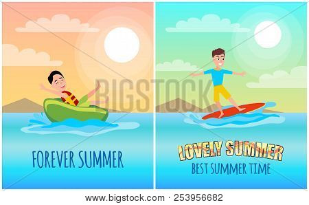 Forever Lovely Summer, Colorful Vector Banner, Illustration With Surfer And Man On Donut Ring Ride, 