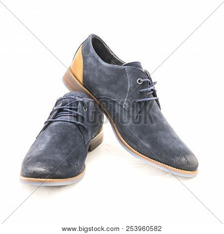 Studio Shot Dark Blue Men Dress Blucher Shoes Isolate On White Background