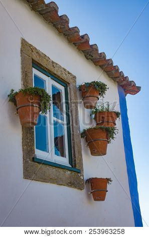 Several small vases with plants hanging around a window in a rural typical house