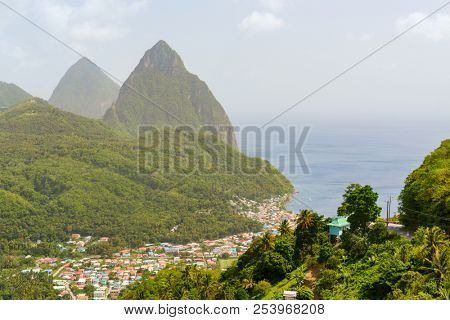 Iconic view of Piton mountains near small town of Soufriere on St Lucia island in Caribbean