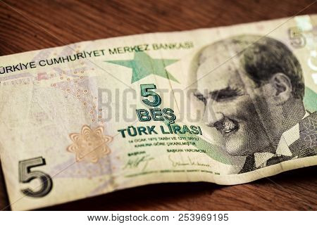 Close Up Turkish Lira Bills On Wooden Table, Turkish Lira (turkish Turk Parasi), High Exchange Rate 