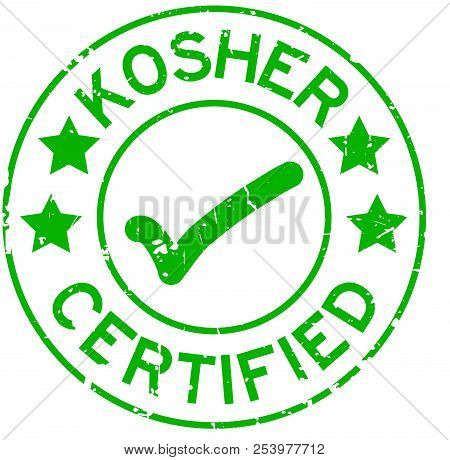 Grunge Green Kosher Certified Word With Mark Icon Round Rubber Seal Stamp On White Background